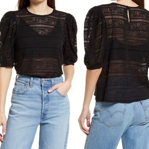 Nordstrom Treasure & Bond Puff Sleeve Stretch Cotton Top Medium M Black Lace